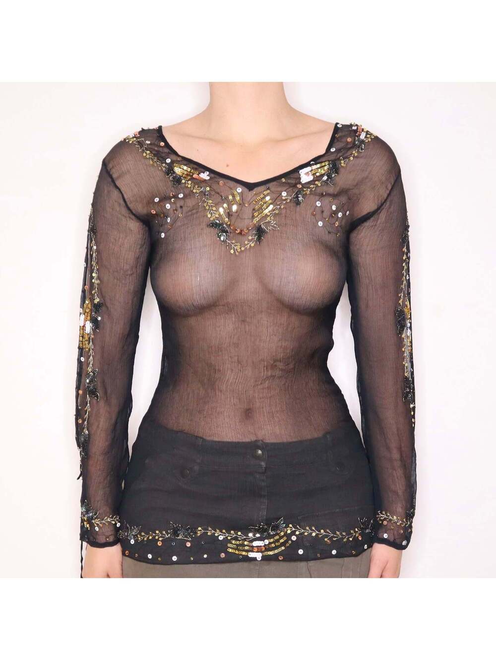 Y2K Black Beaded Sequin Chiffon Top (S/M)